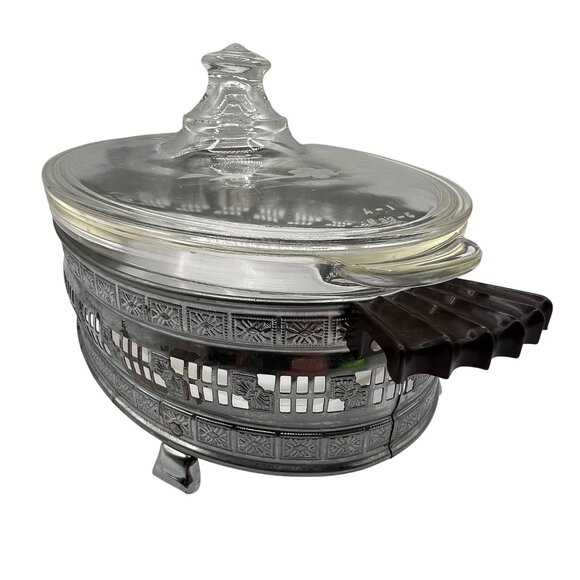 Pyrex 1.5qt Vintage Oval Glass Casserole Dish Etched Silver Plated Footed Holder - Picture 11 of 16